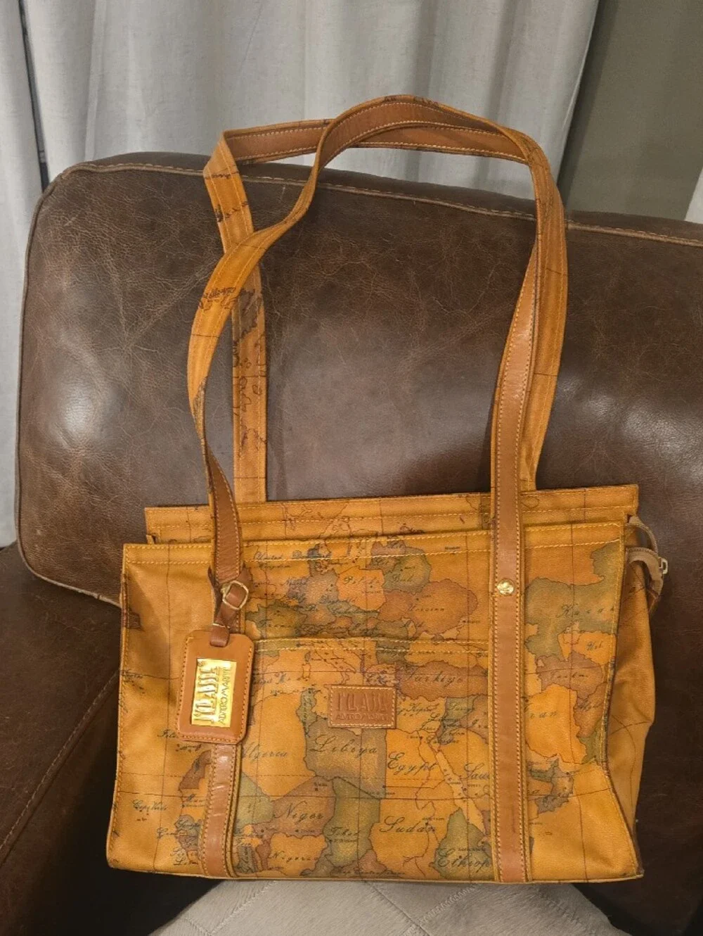 Alviero Martini Tan Map-Print Leather Tote Bag